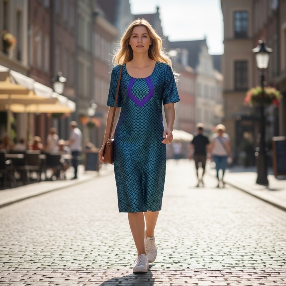Vibrant Purple Teal 3/4 Sleeve Kurta Tunic Dress